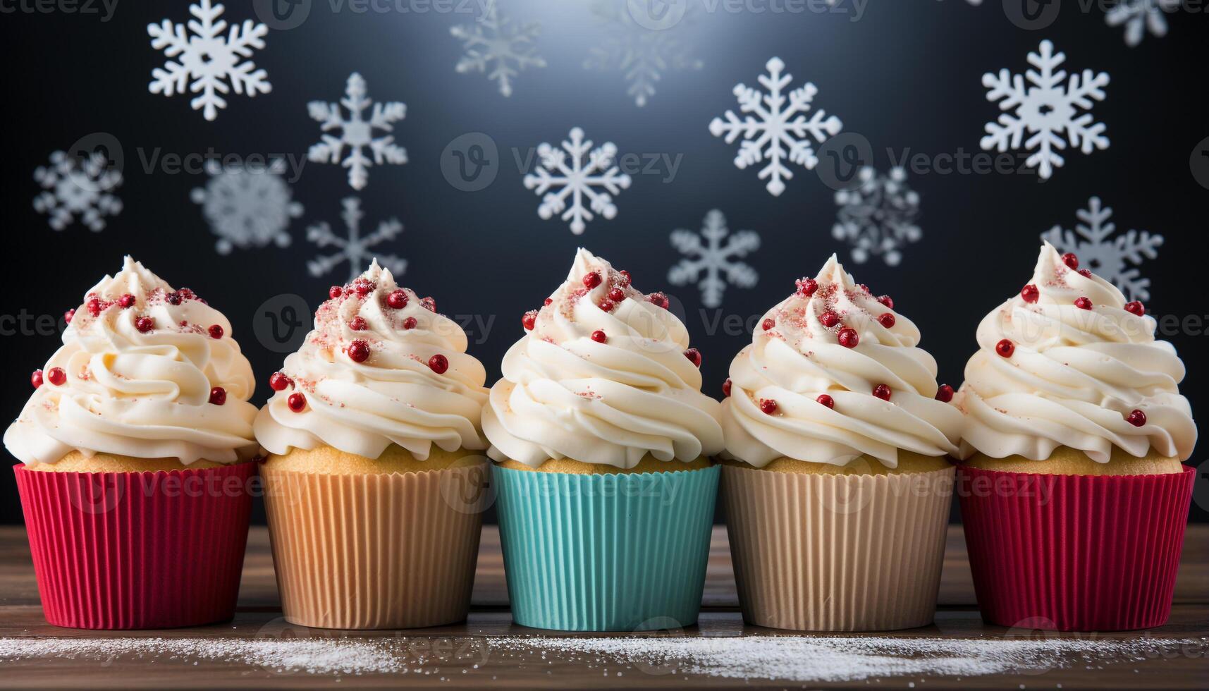 ai genererad hemlagad muffin med choklad glasyr, snöflinga dekoration, och godis genererad förbi ai foto