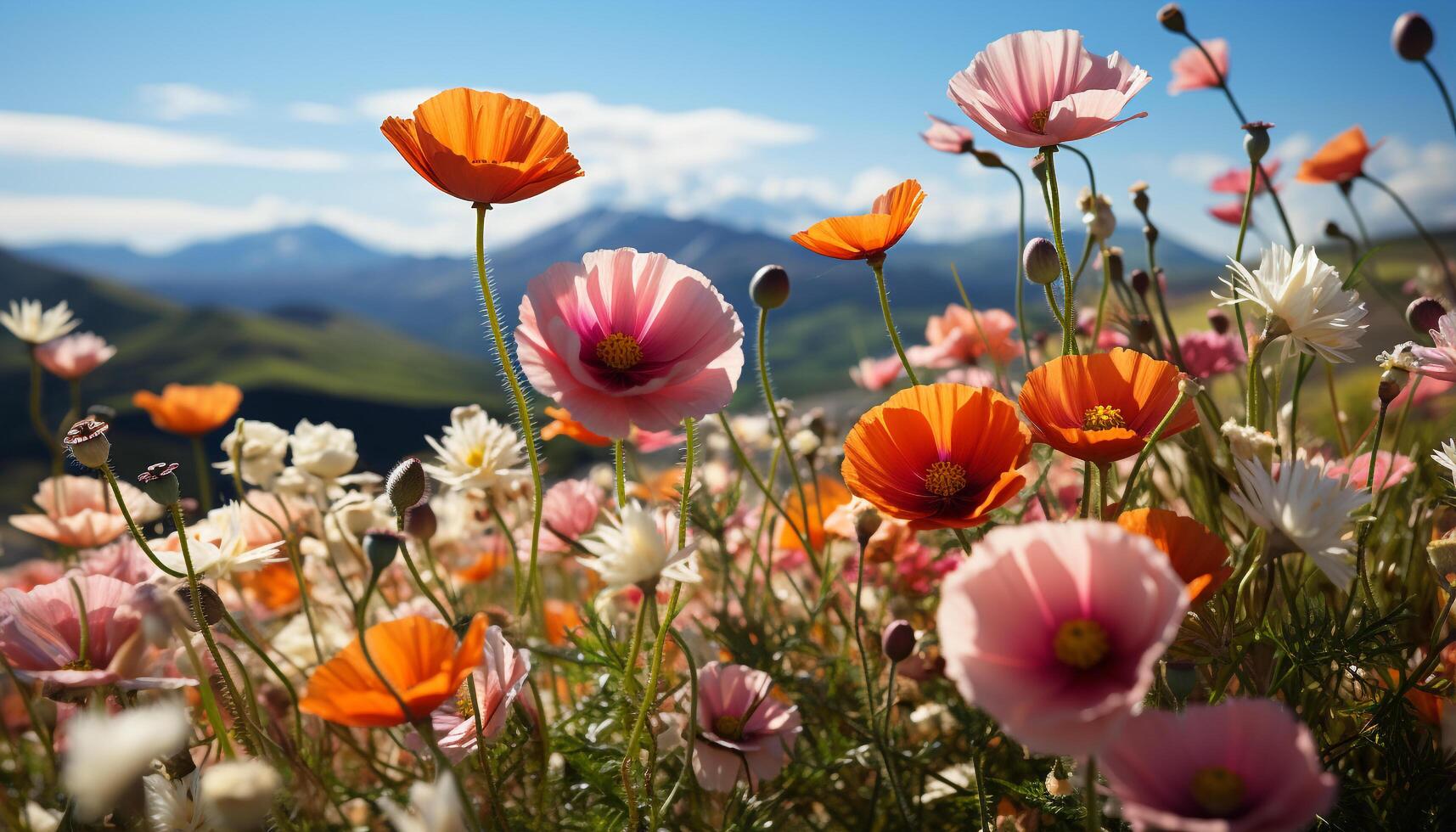 ai genererad vibrerande äng blommar i en färgrik, vild blomma fylld sommar landskap genererad förbi ai foto