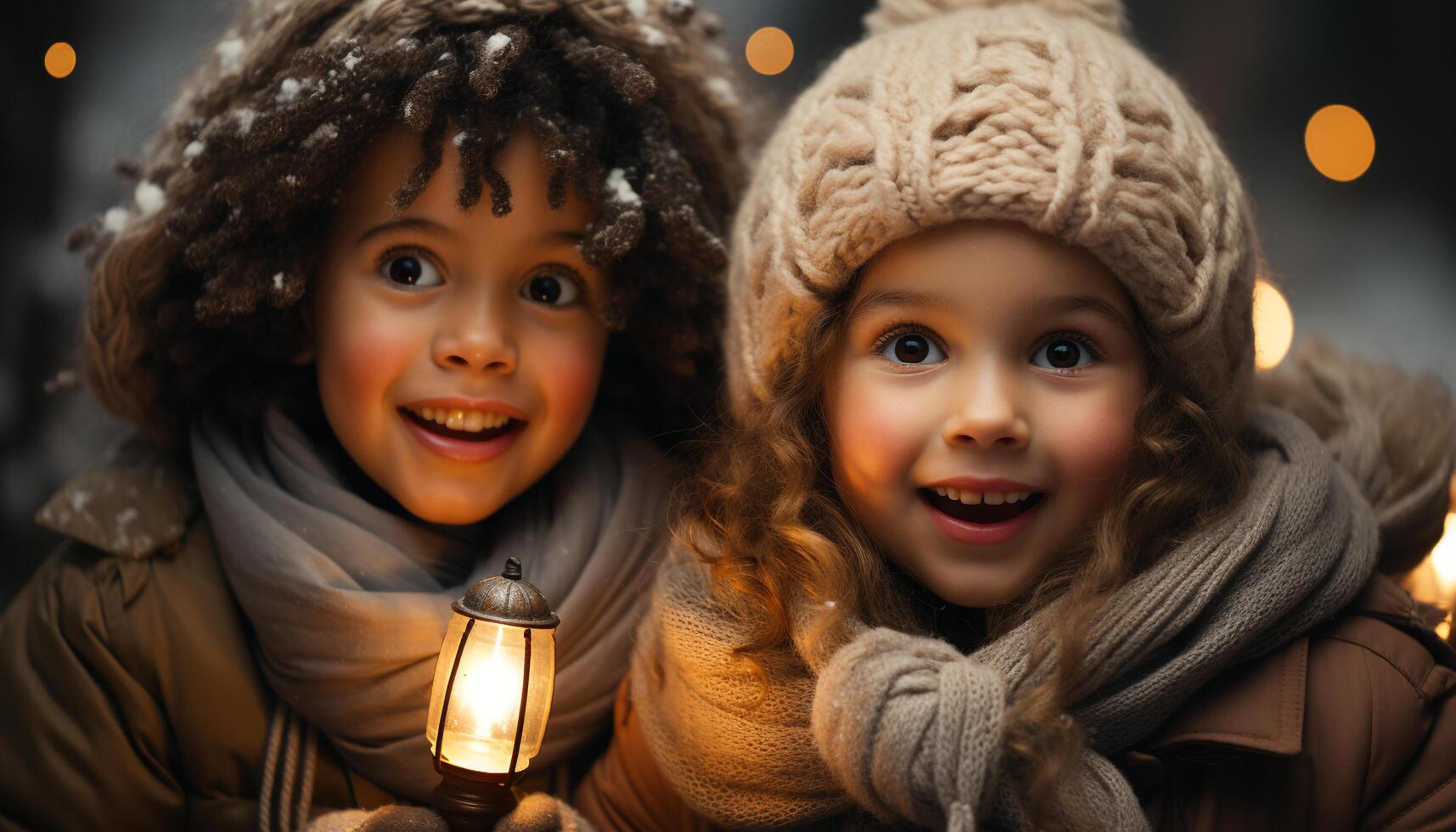 ai genererad leende barn i värma Kläder fira jul med glädje genererad förbi ai foto