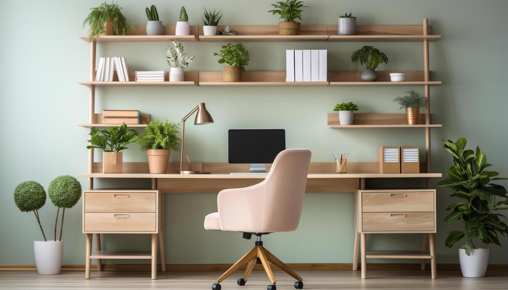 ai genererad modern kontor design med bekväm stol, skrivbord, och bokhylla genererad förbi ai foto