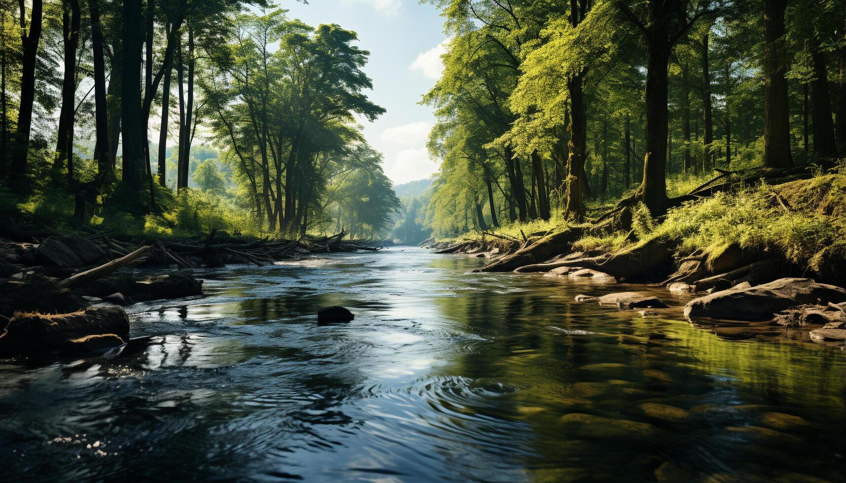 ai genererad lugn scen grön träd speglar i strömmande vatten, natur skönhet genererad förbi ai foto