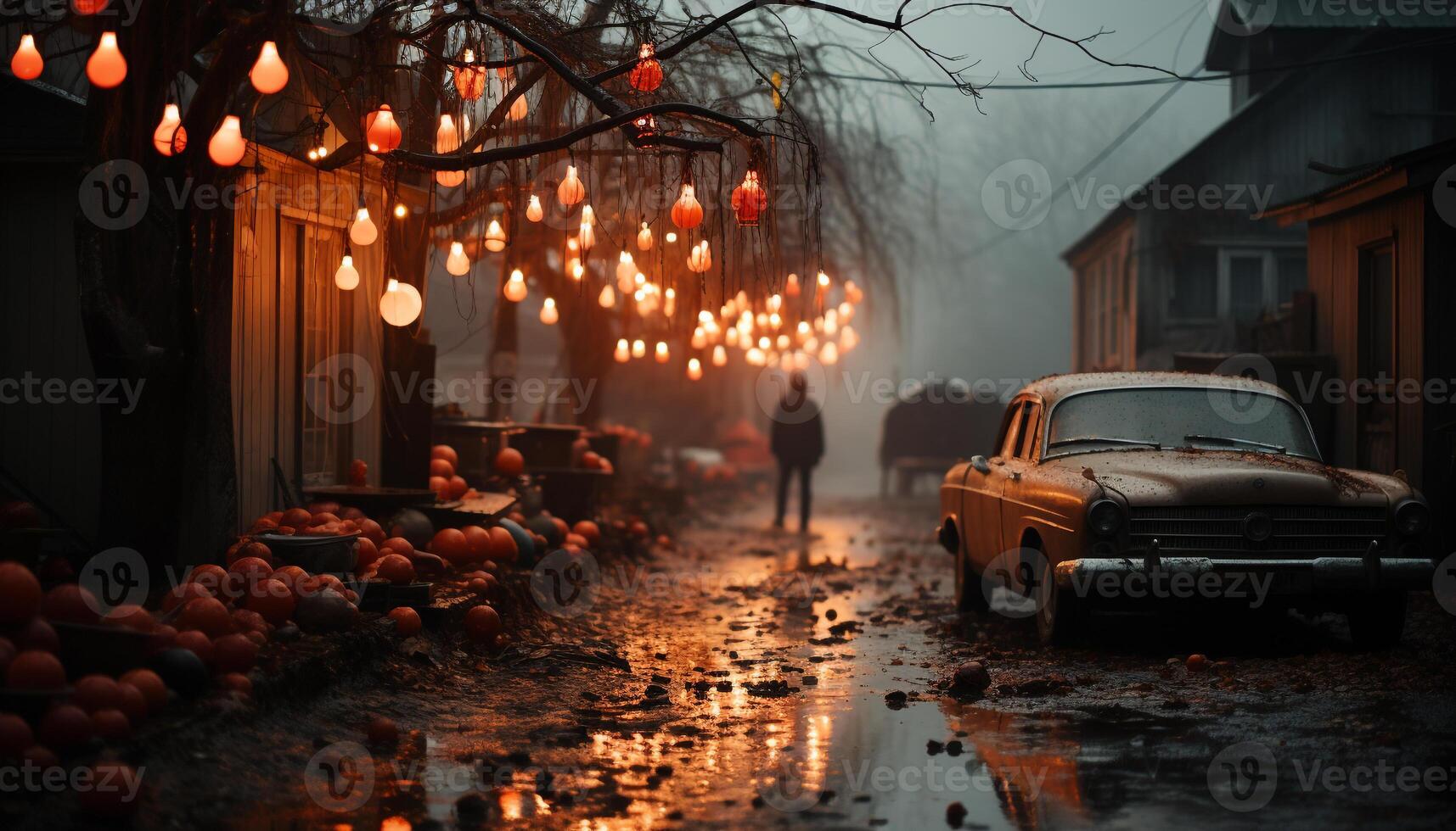 ai genererad läskigt halloween natt, män gående utomhus i gammal stad genererad förbi ai foto