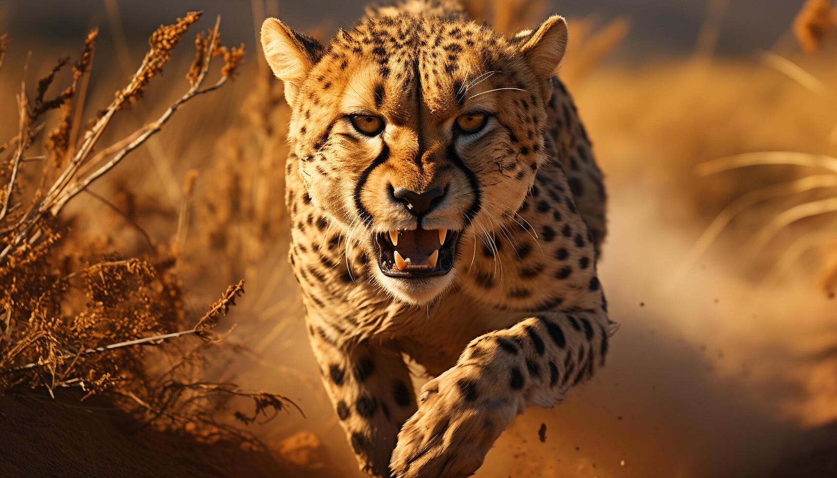 ai genererad majestätisk gepard gående i afrikansk vildmark, fara i natur genererad förbi ai foto