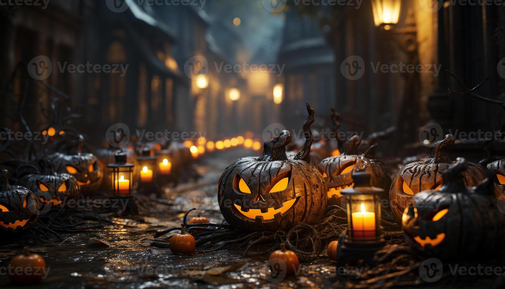 ai genererad läskigt halloween natt, pumpa lyktor glöd i mörk firande genererad förbi ai foto