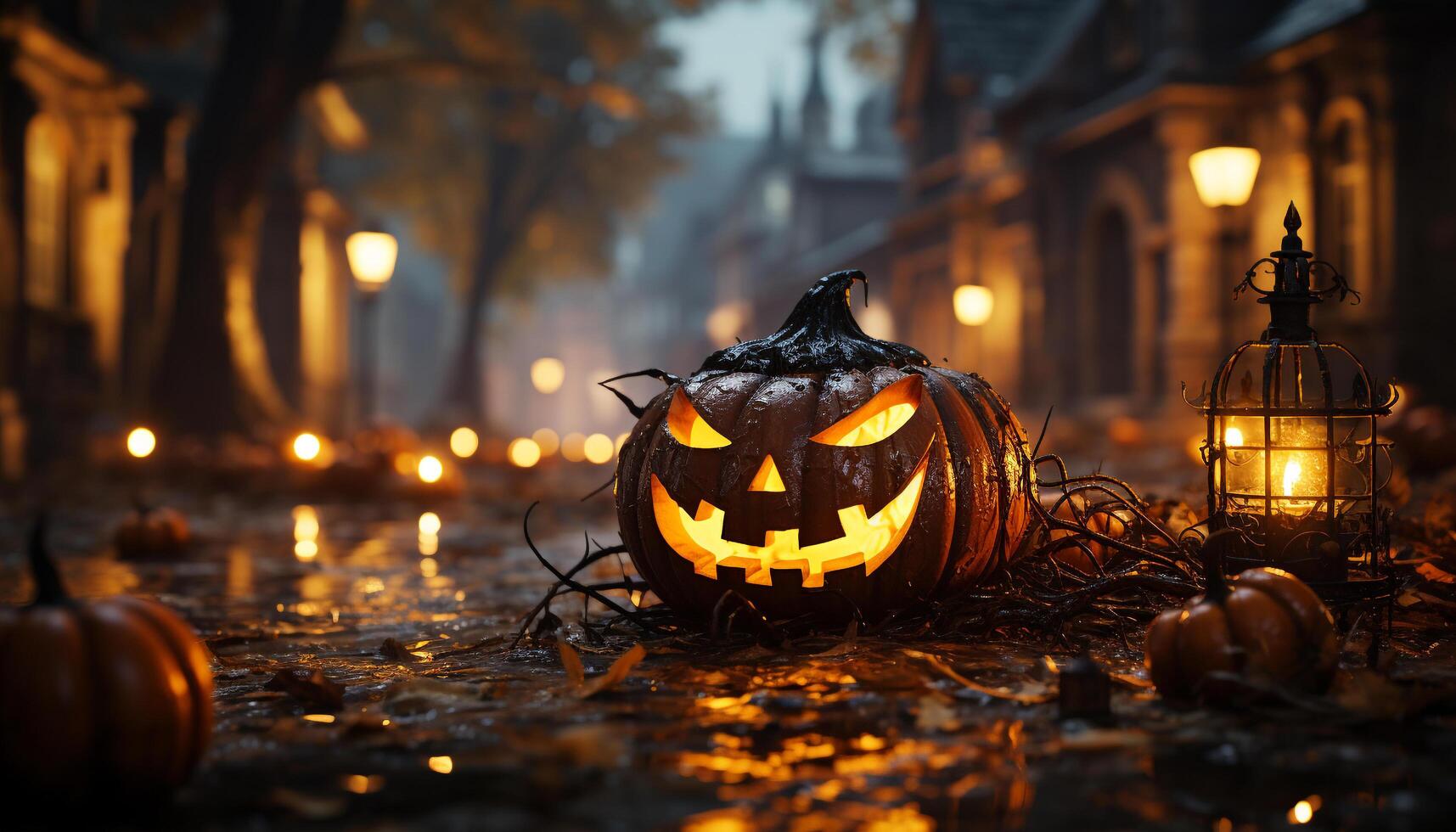 ai genererad läskigt halloween natt, pumpa lyktor lysande, höst firande av rädsla genererad förbi ai foto