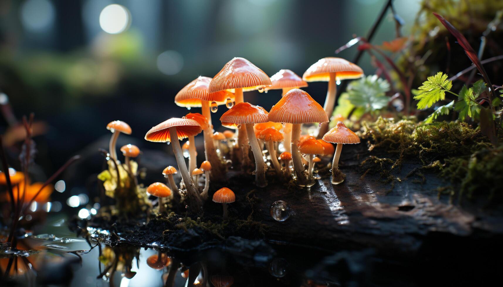 ai genererad friskhet och tillväxt i höst skog, flyga agaric svamp spor genererad förbi ai foto