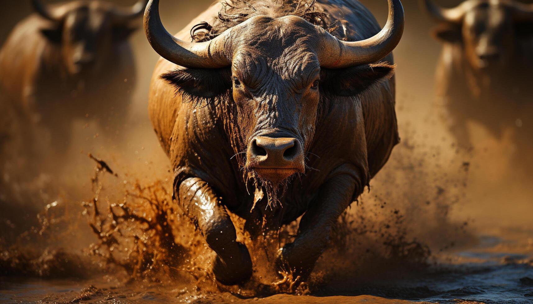 ai genererad behornad buffel betning i grumlig afrikansk vildmark genererad förbi ai foto
