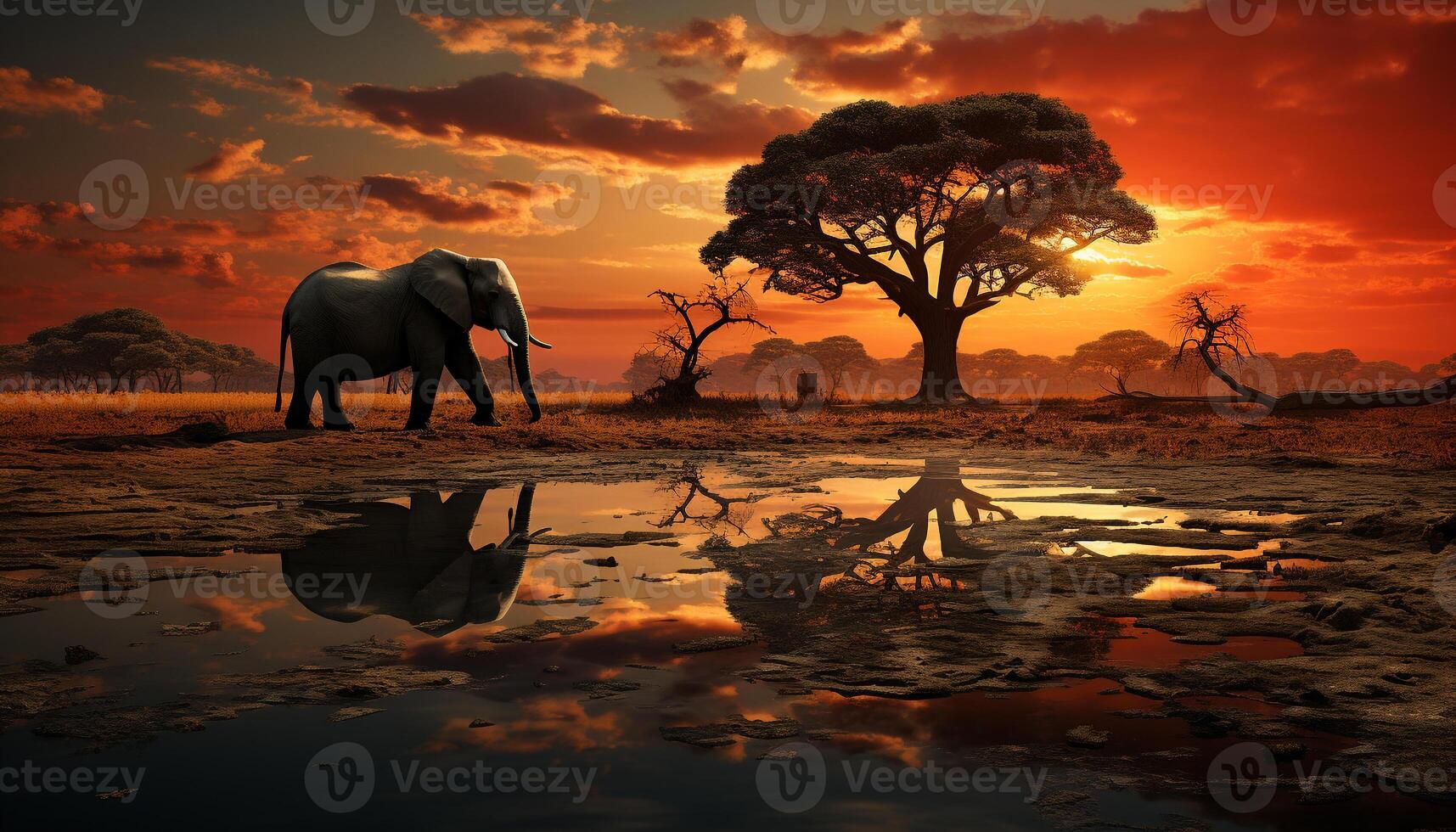 ai genererad solnedgång över afrikansk savann, lugn scen med elefanter i silhuett genererad förbi ai foto