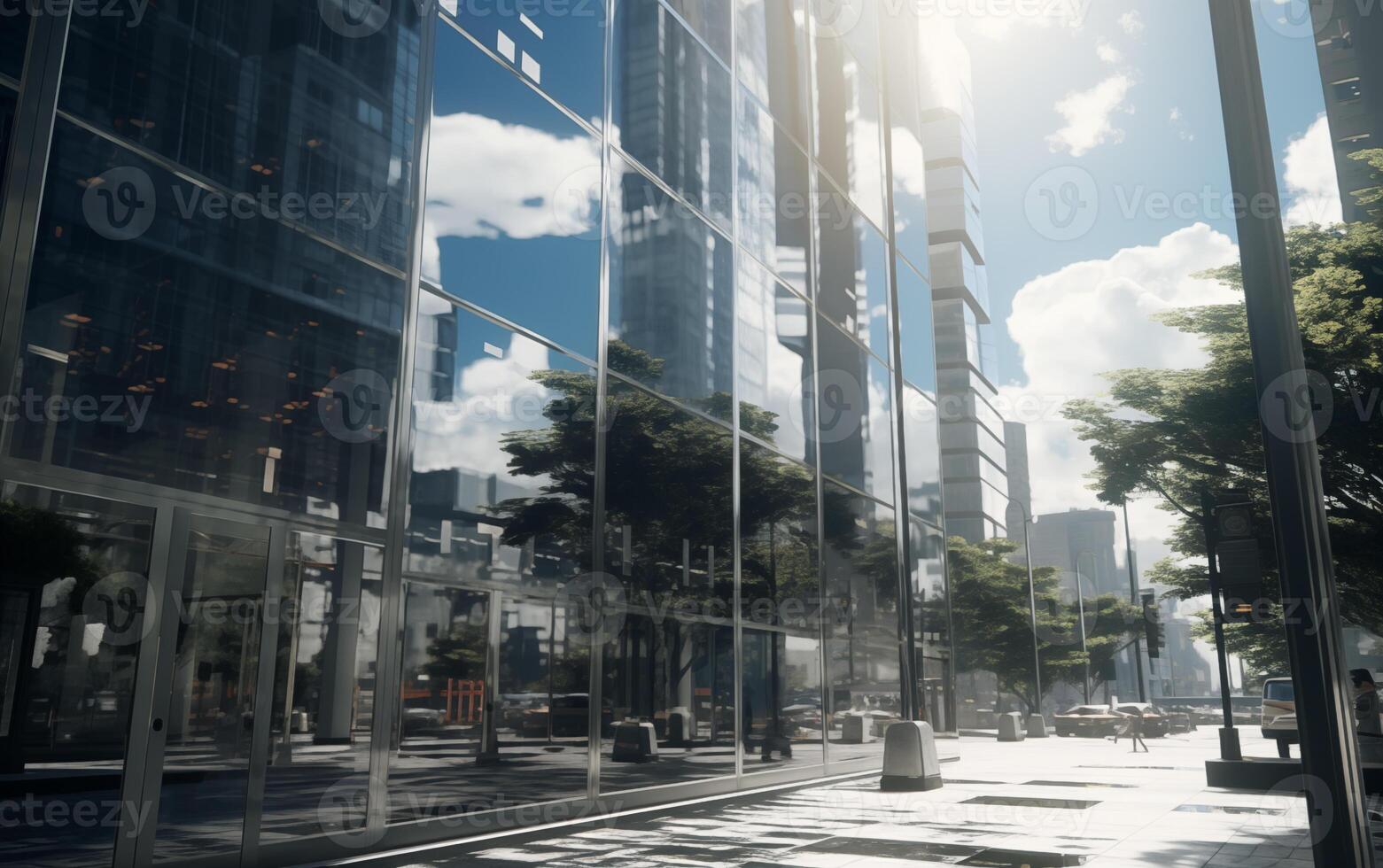 ai genererad reflexion av skyskrapor i de glas av modern kontor byggnad. foto
