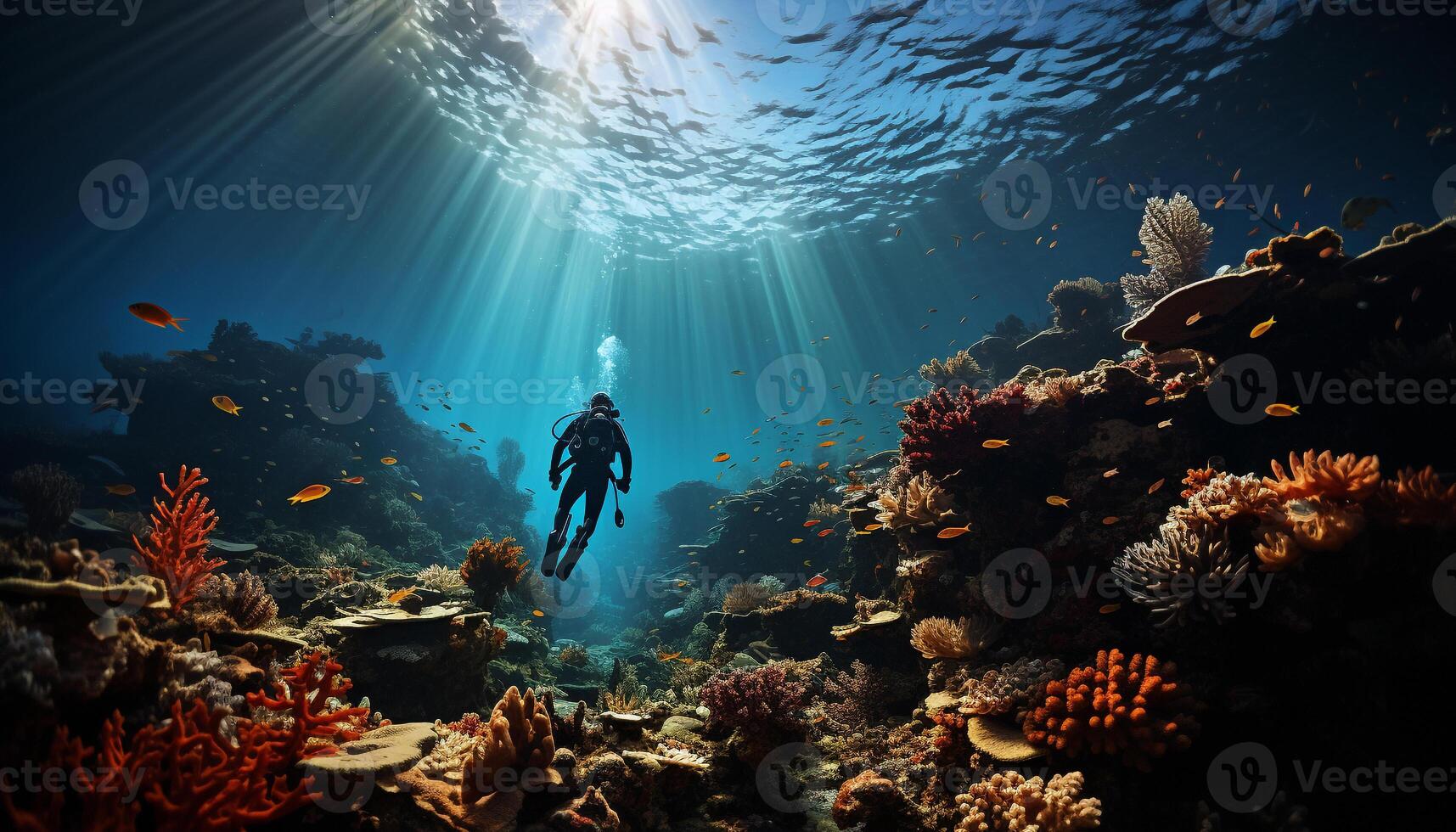 ai genererad män och kvinnor utforska under vattnet, dykning in i de djup blå hav genererad förbi ai foto