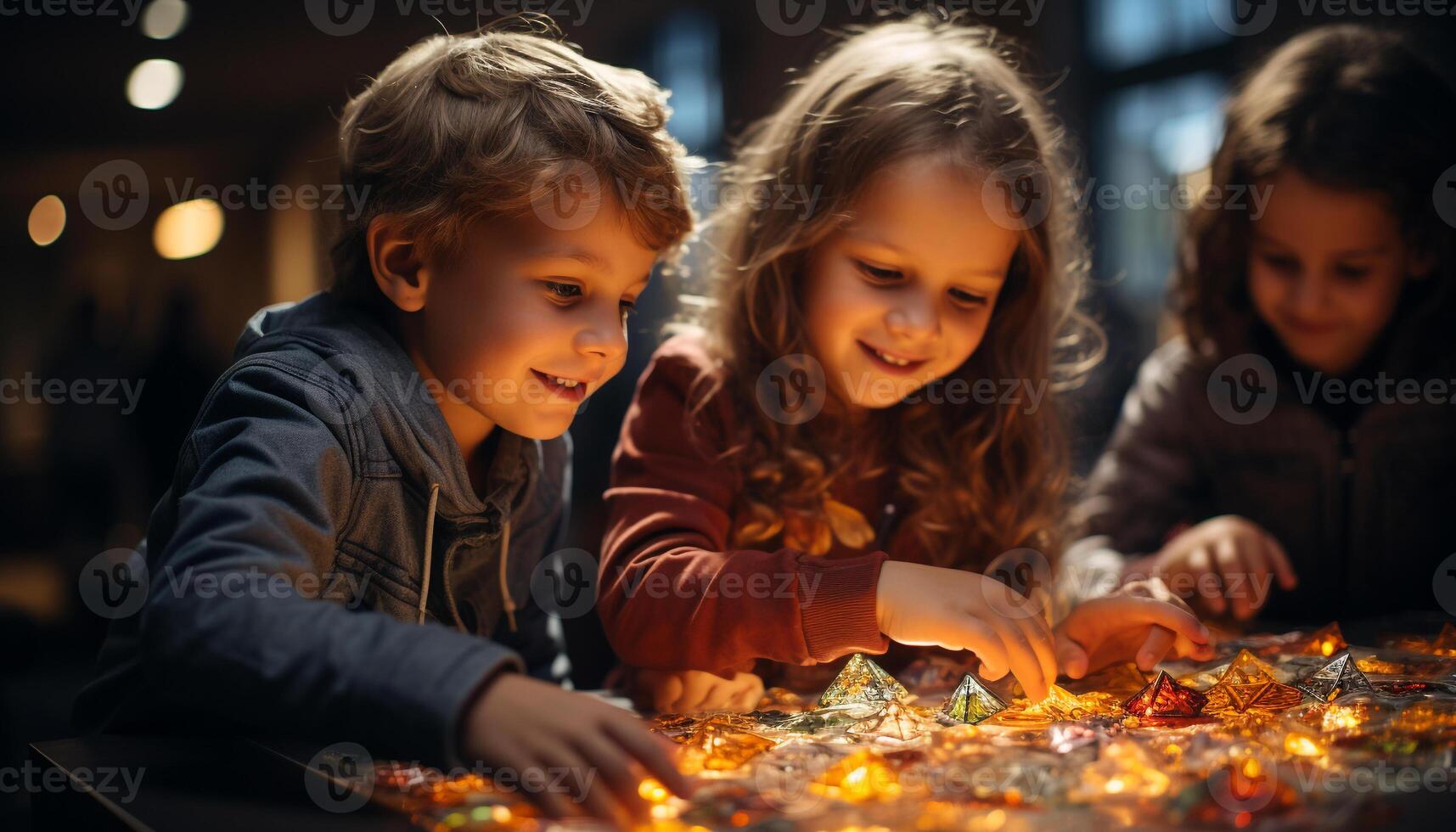 ai genererad barn spelar, leende, bindning, fira jul, omgiven förbi dekorationer och lampor genererad förbi ai foto