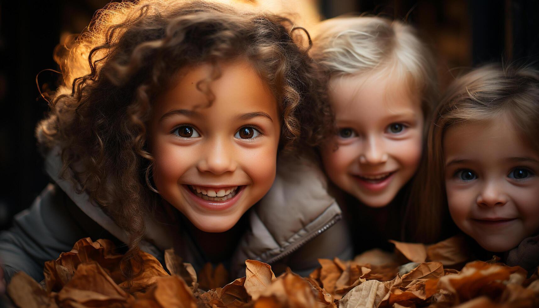 ai genererad leende barn spelar utomhus, njuter höst natur, glad och söt genererad förbi ai foto