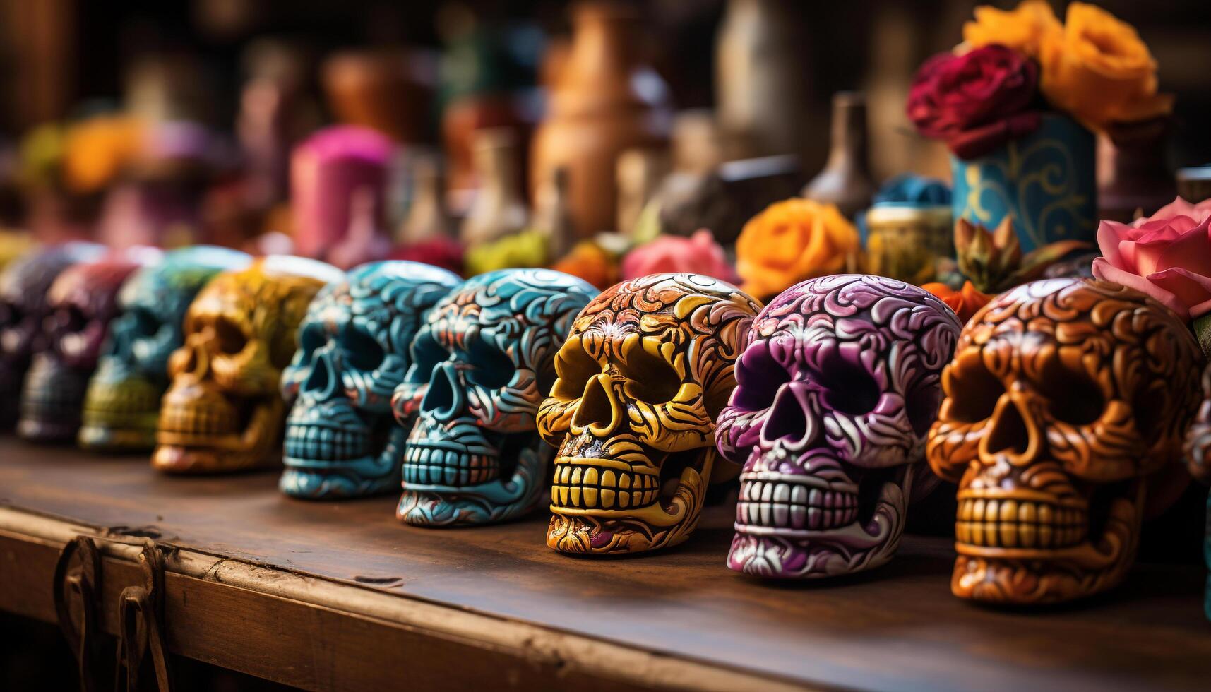 ai genererad gammal mexikansk kultur en läskigt firande av hemlagad lera souvenirer genererad förbi ai foto