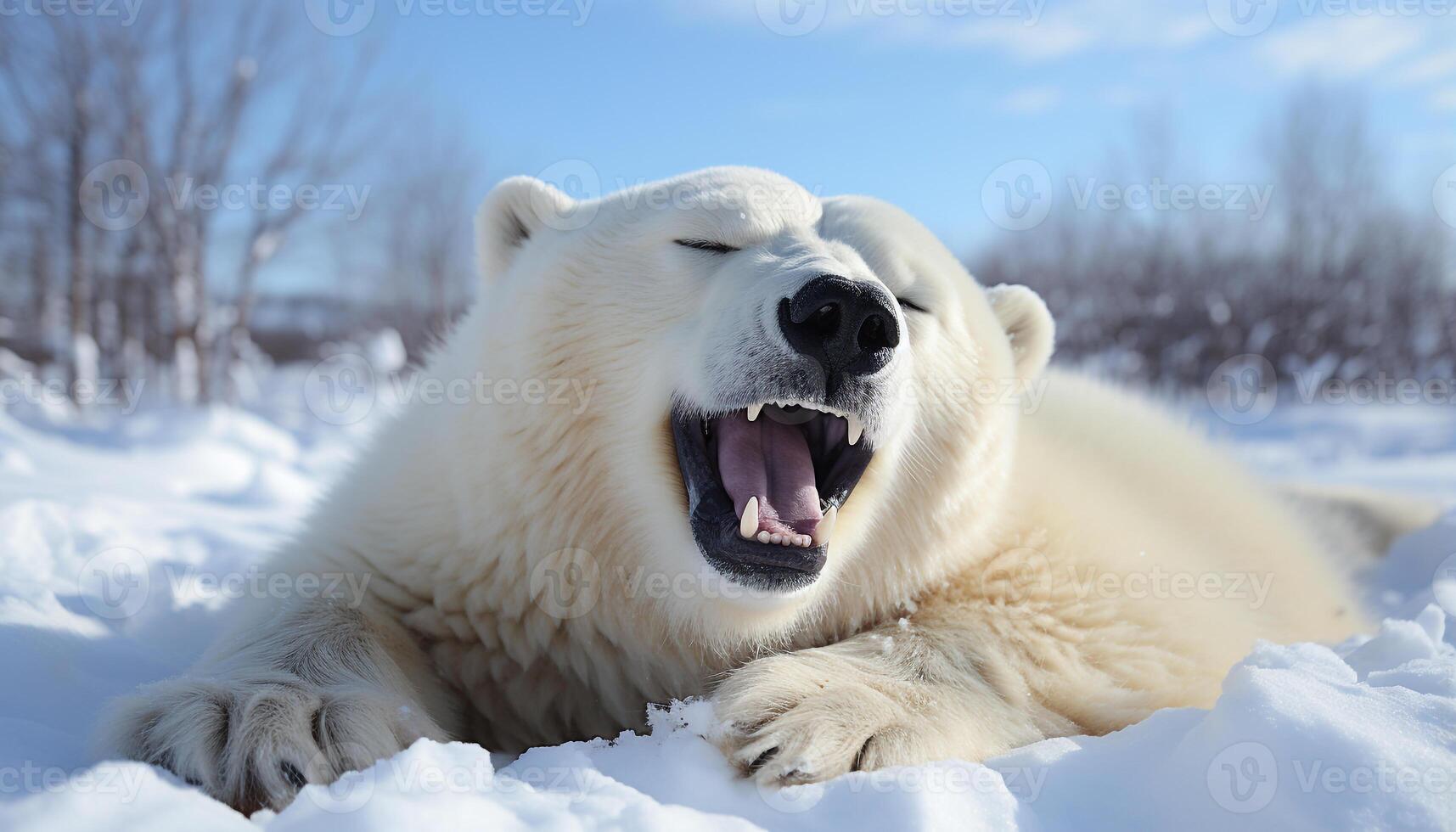 ai genererad söt samojed valp spelar i snöig arktisk skog genererad förbi ai foto
