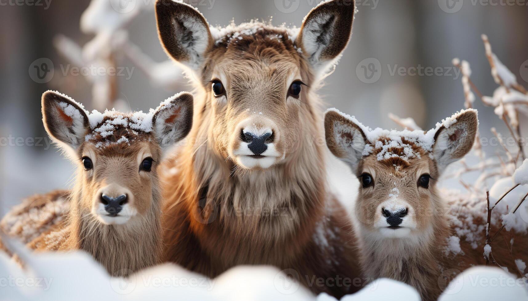 ai genererad söt ung rådjur ser på kamera i snöig skog genererad förbi ai foto