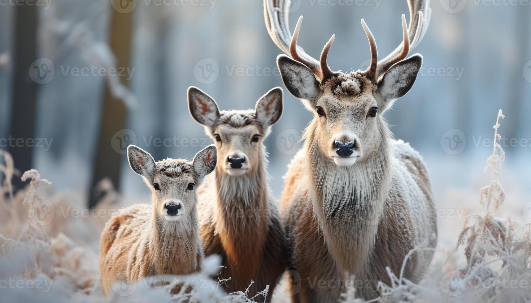 ai genererad söt rådjur familj betning i snöig äng, vinter- skönhet genererad förbi ai foto