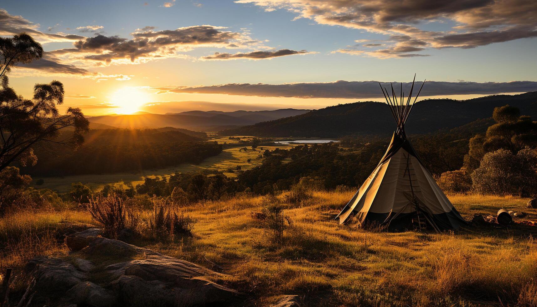 ai genererad solnedgång över de fjäll, camping i natur lugn skönhet genererad förbi ai foto