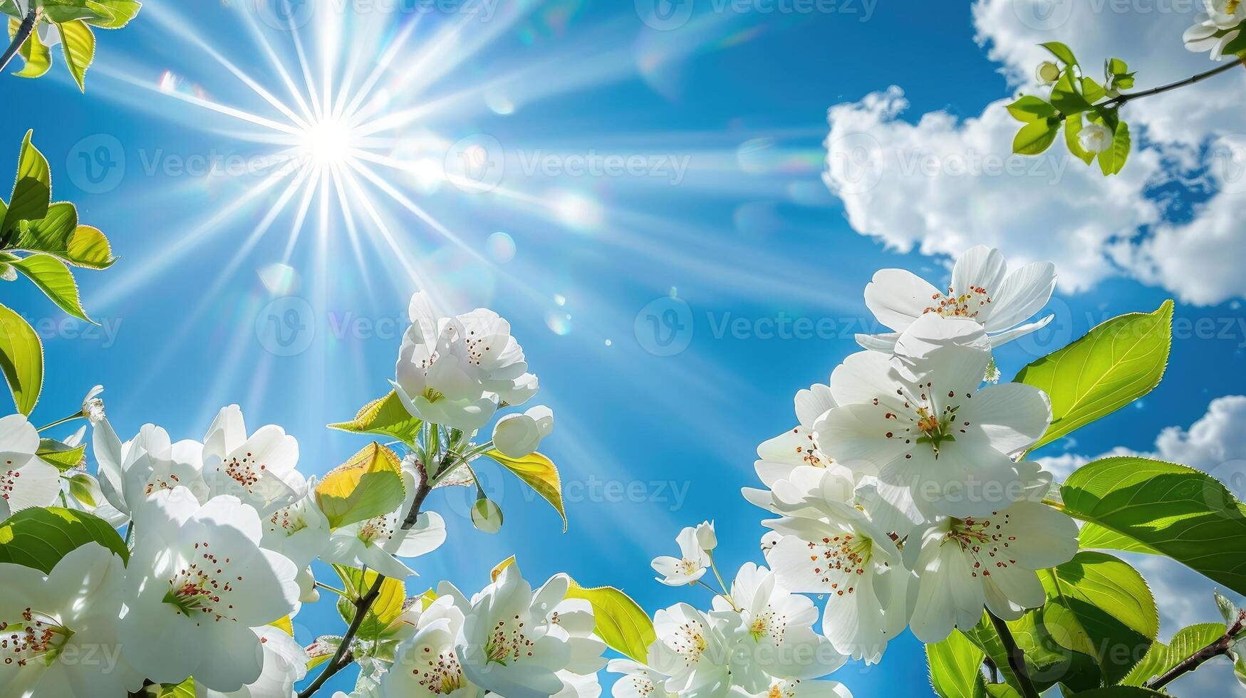 ai genererad vår avslöjar vit blommar, sola i de solljus mot de bakgrund av en blå himmel. ai genererad. foto