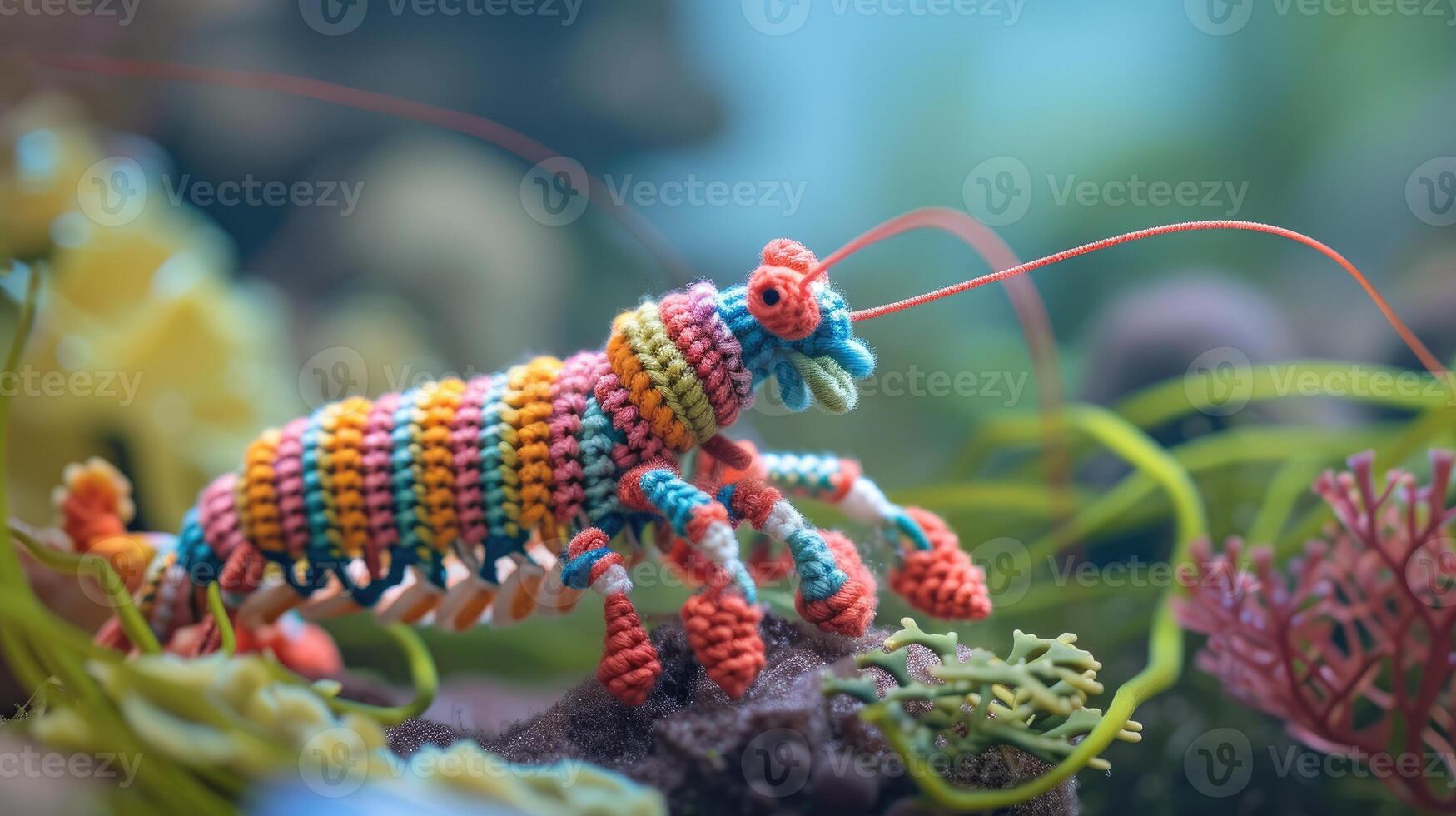 ai genererad virkade mantisräka leksak vibrerande bakgrund, handgjord och förtjusande, ai genererad foto