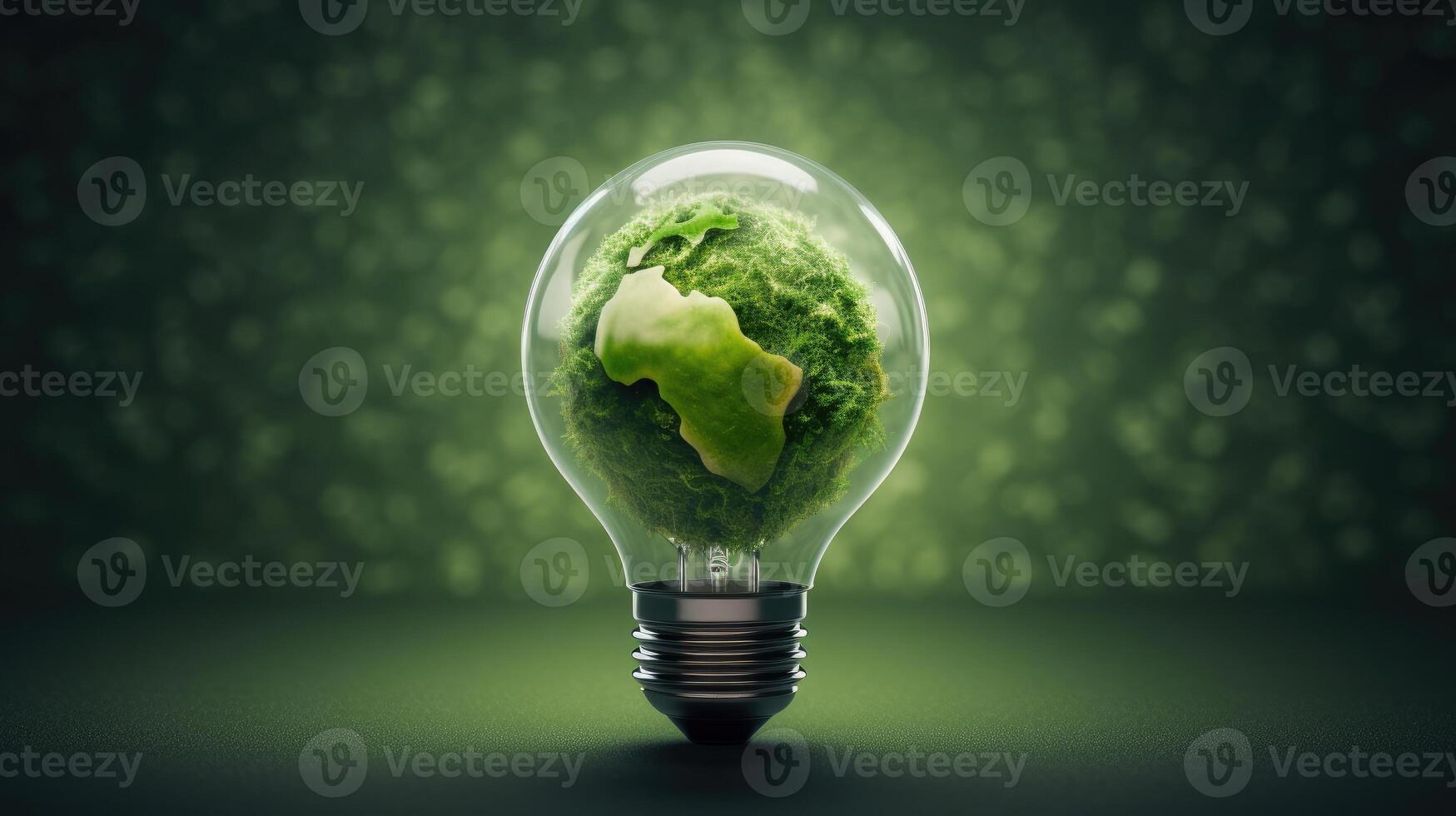 ai genererad belysa de grön energi begrepp med en glödlampa formad som planet jord mot en grönskande bakgrund. ai genererad. foto