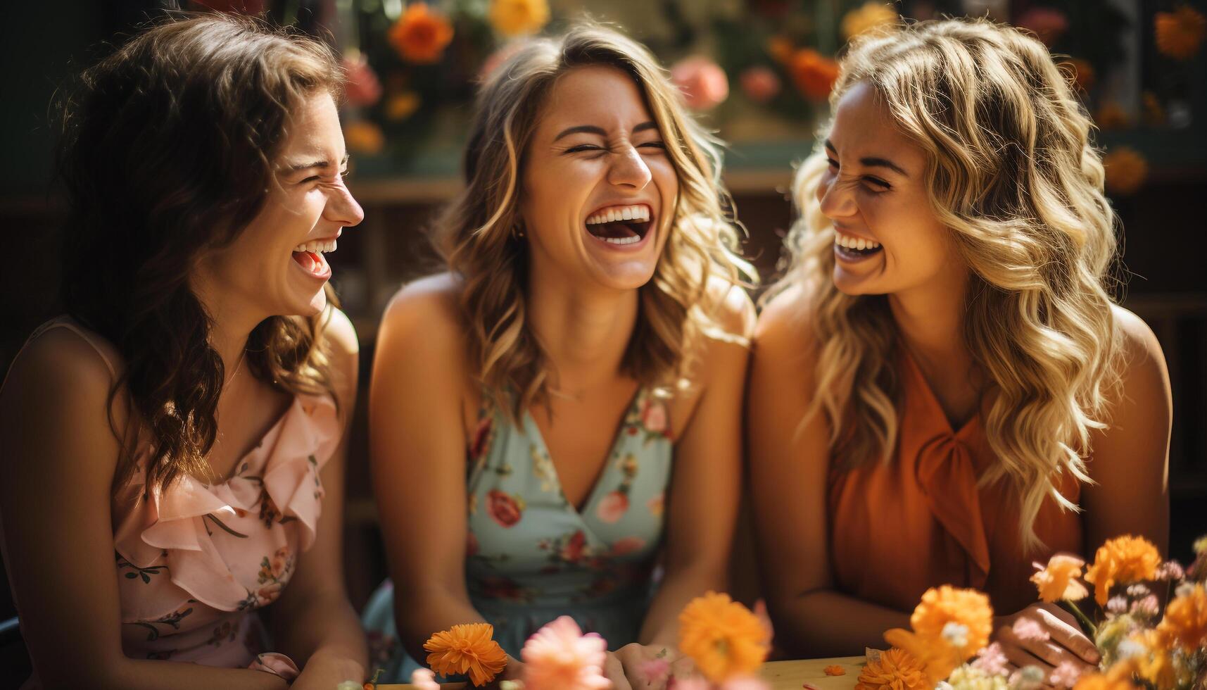 ai genererad tre ung kvinnor njuter en sorglös utomhus- fest tillsammans genererad förbi ai foto