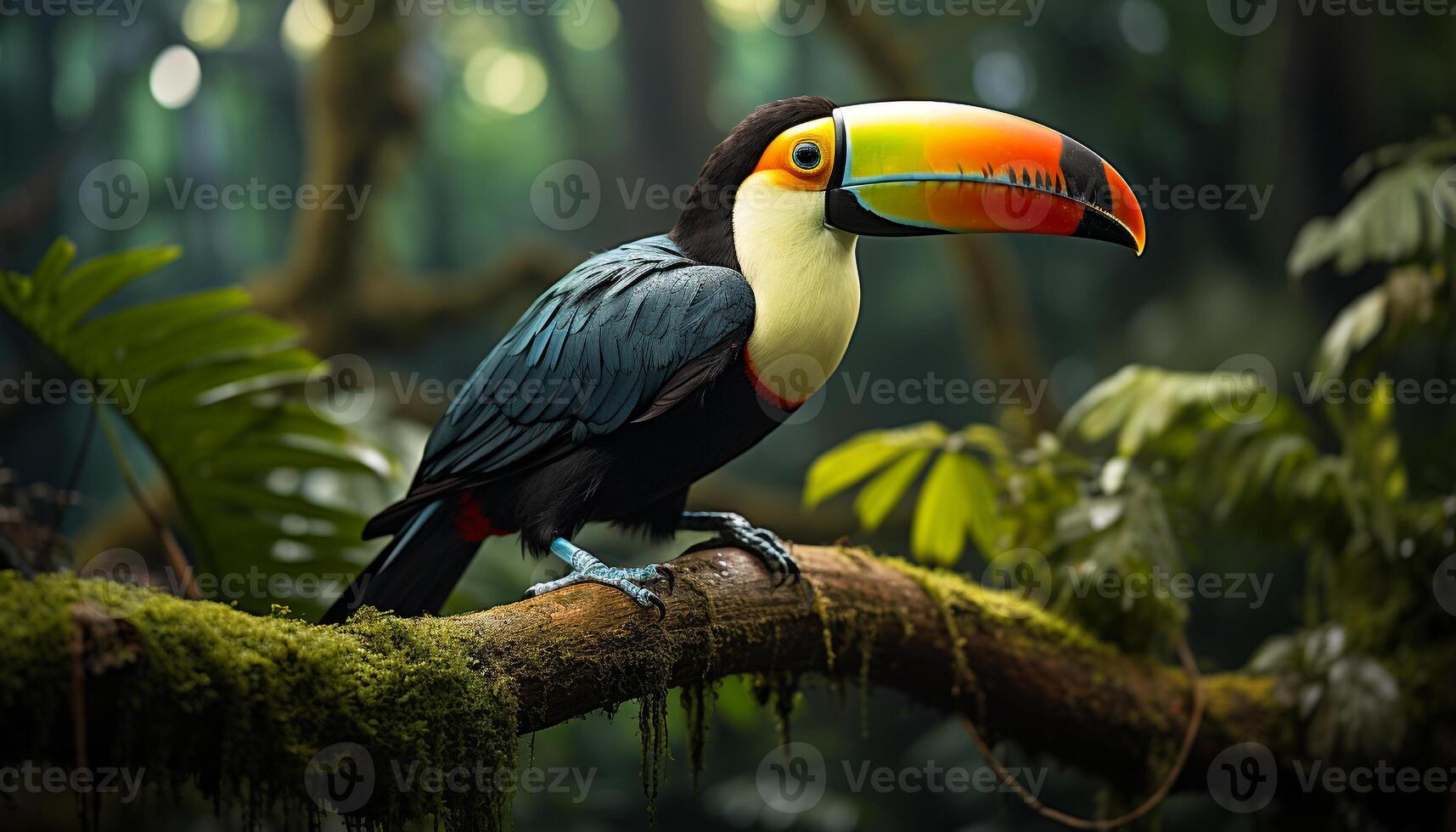 ai genererad en vibrerande toucan sittpinnar på en gren i de regnskog genererad förbi ai foto