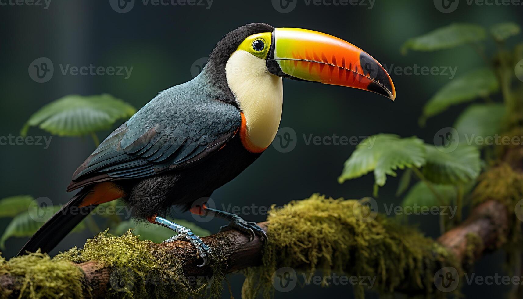 ai genererad en söt toucan perching på en gren i de regnskog genererad förbi ai foto