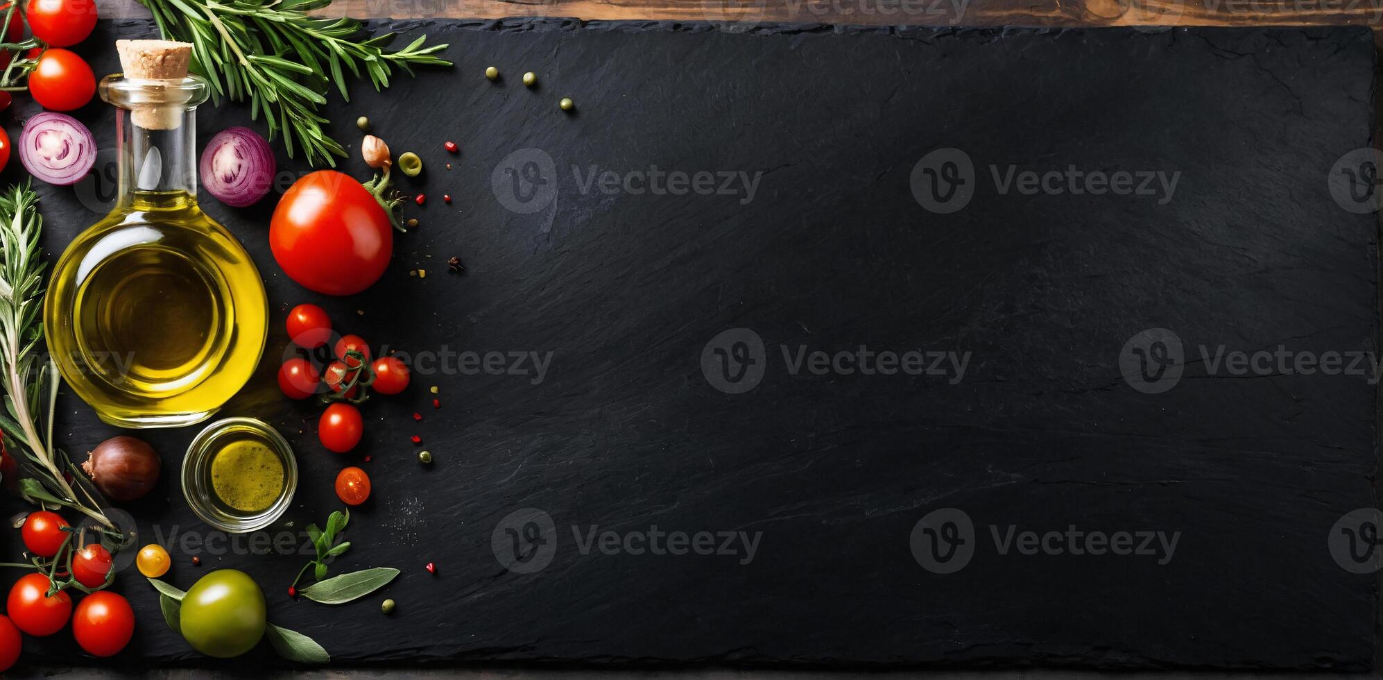 ai genererad mat bakgrund. topp se av oliv olja, körsbär tomat, örter och kryddor på rustik svart skiffer. färgrik mat Ingredienser gräns foto
