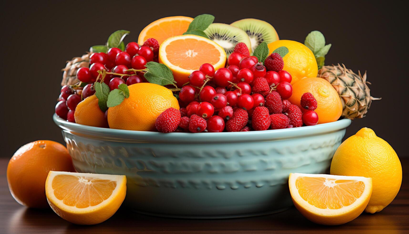 ai genererad friskhet av natur organisk, friska äter vibrerande frukt skål genererad förbi ai foto