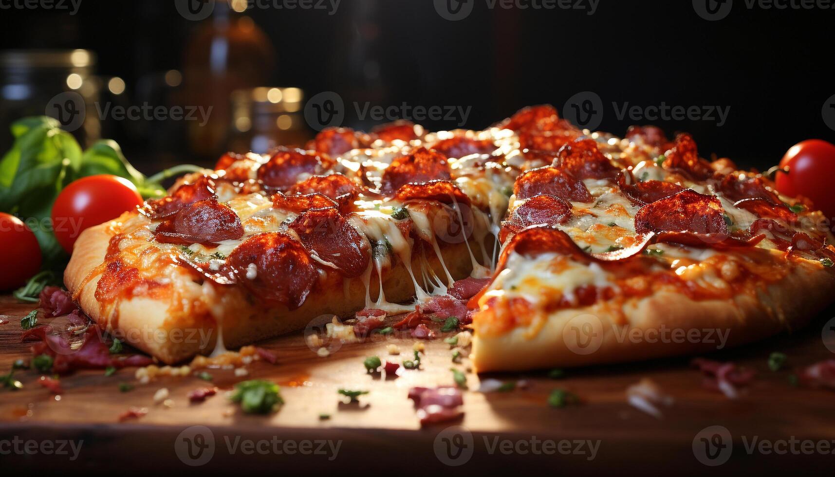 ai genererad friskhet och gourmet måltid hemlagad italiensk pizza på rustik trä tabell genererad förbi ai foto