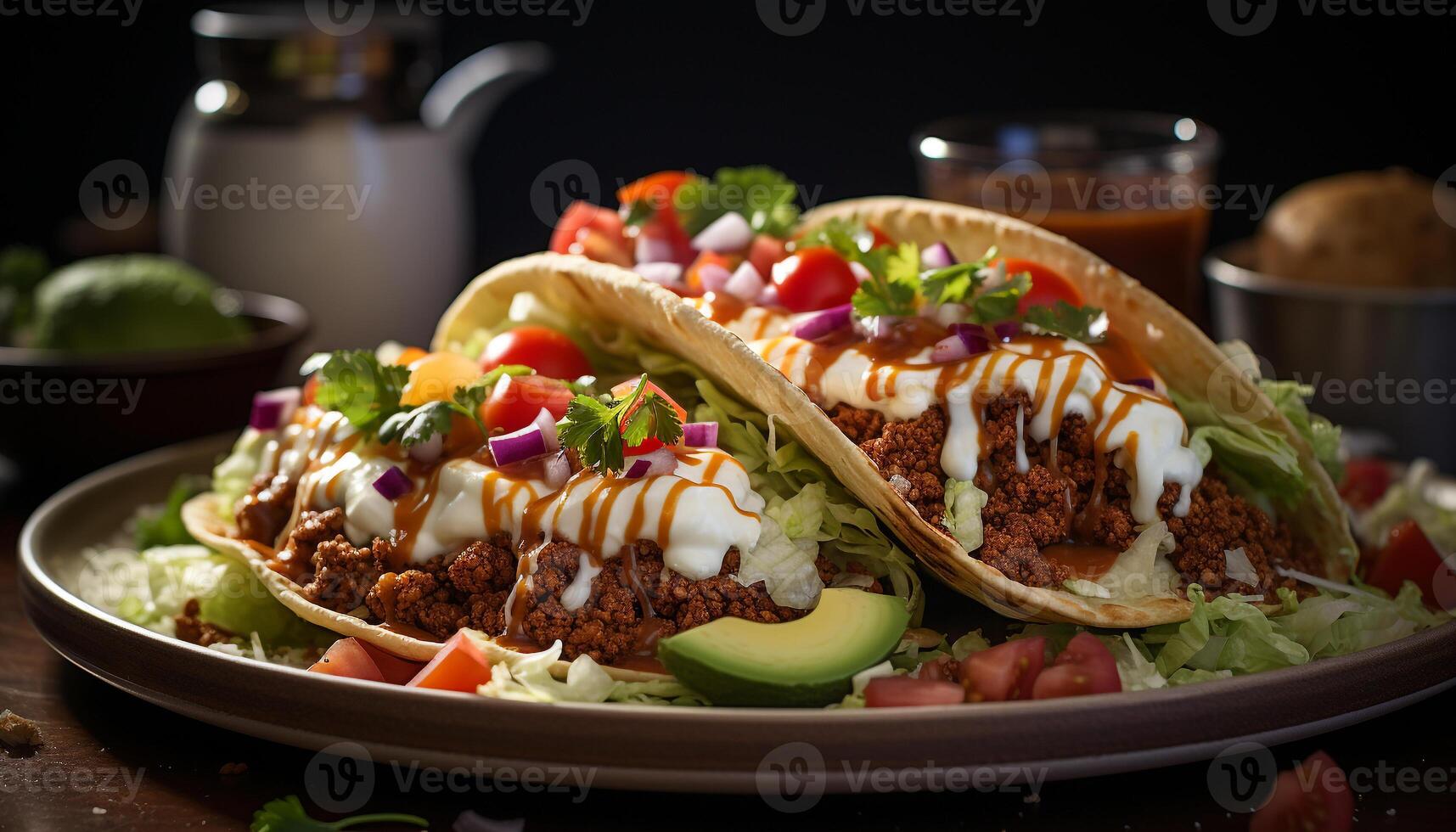 ai genererad grillad nötkött taco med färsk tomat och guacamole genererad förbi ai foto