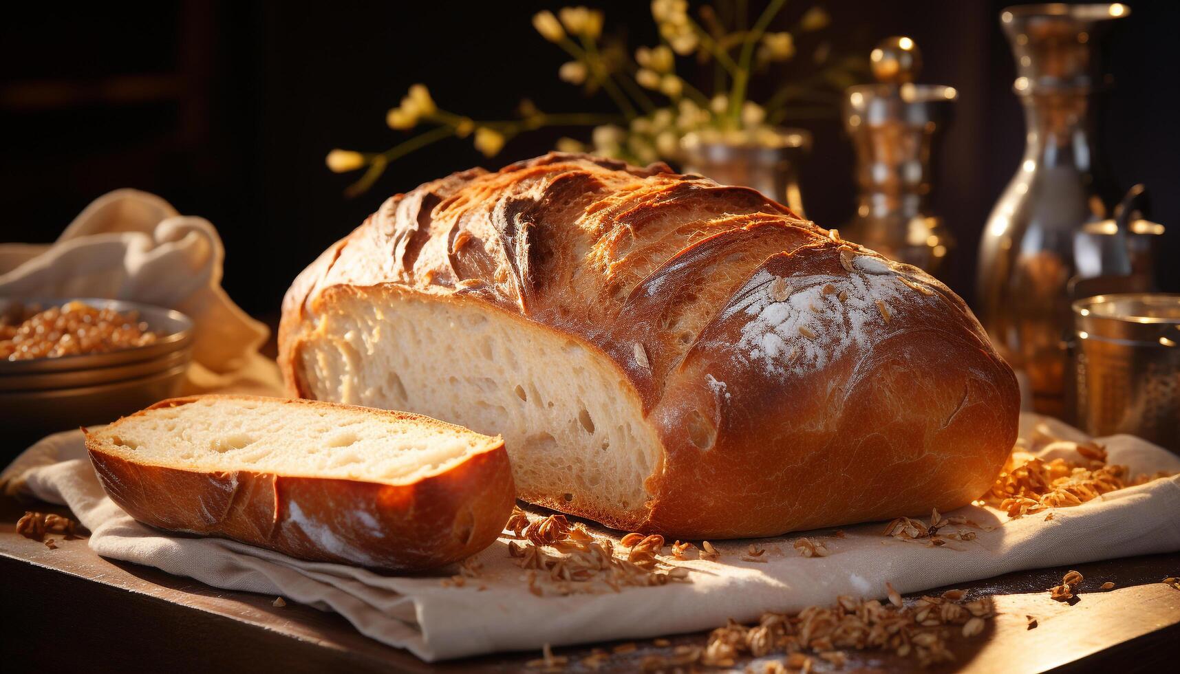 ai genererad nyligen bakad rustik bröd på trä- tabell, redo till äta gourmet måltid genererad förbi ai foto