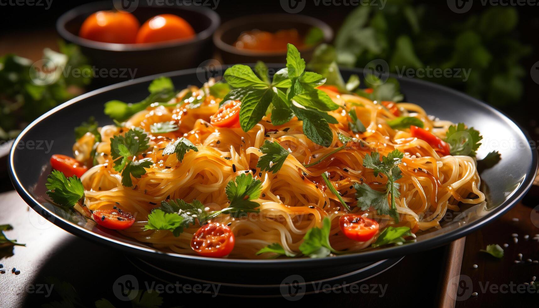 ai genererad färsk pasta måltid med tomat sås, kokta ört, och persilja genererad förbi ai foto