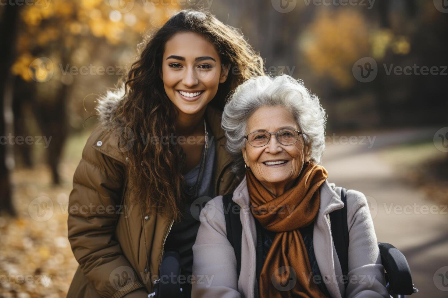 ai genererad en kvinna och henne mormor i de parkera foto