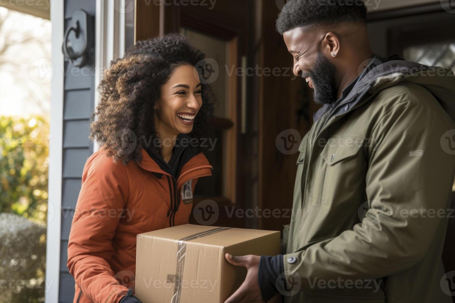 ai genererad en man och kvinna är innehav en låda utanför deras Hem foto