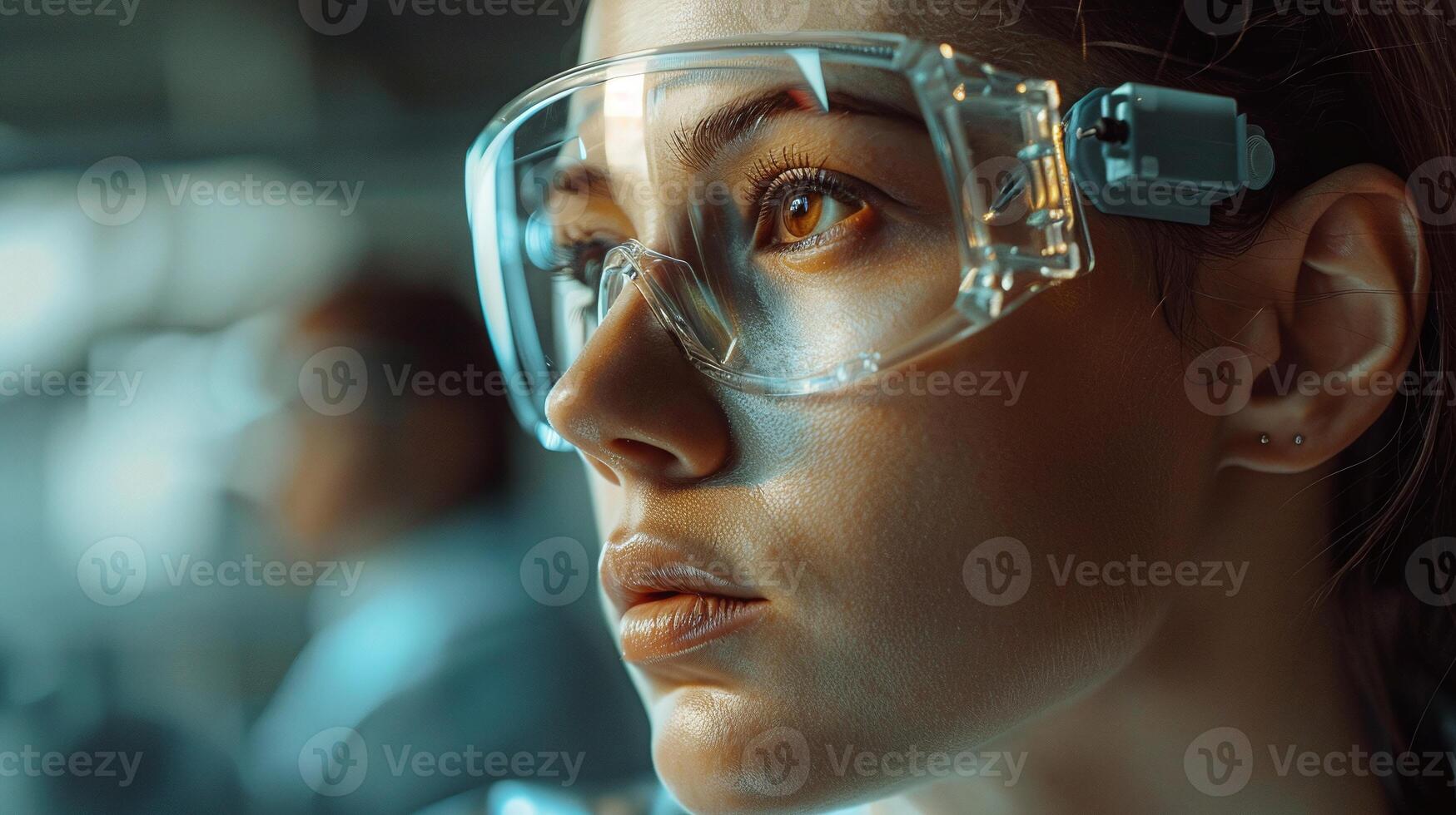ai genererad närbild av en skön kvinna forskare bär glasögon i laboratorium foto