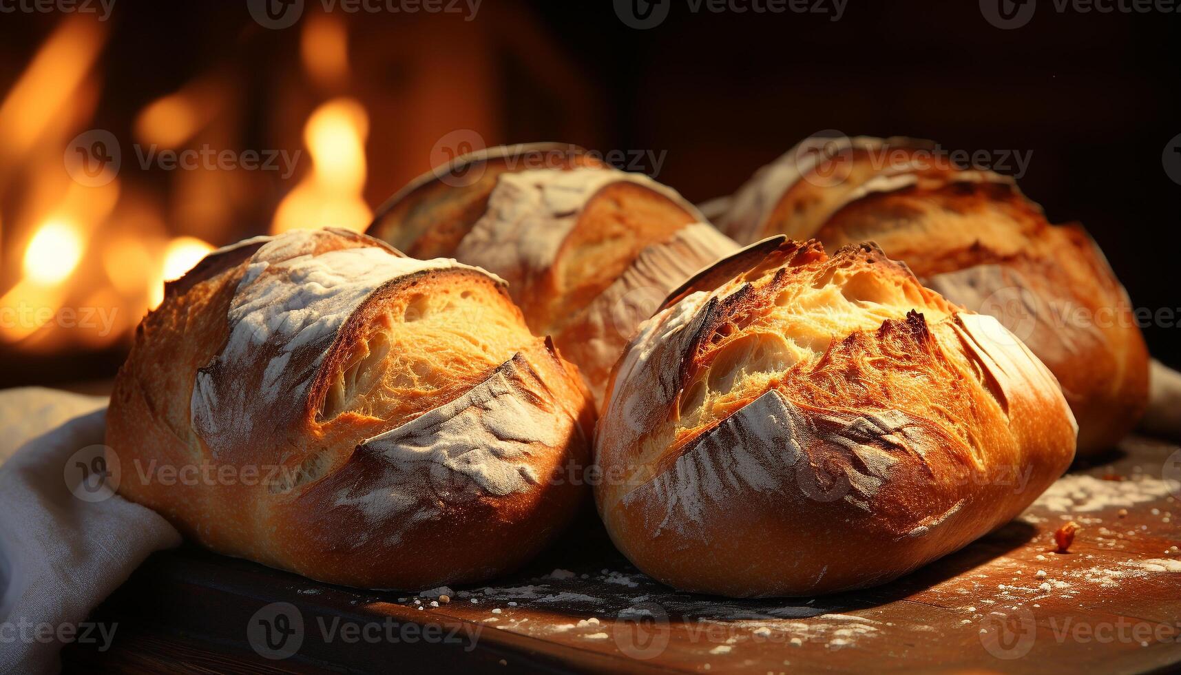 ai genererad nyligen bakad bröd på en rustik trä- tabell, redo till äta genererad förbi ai foto