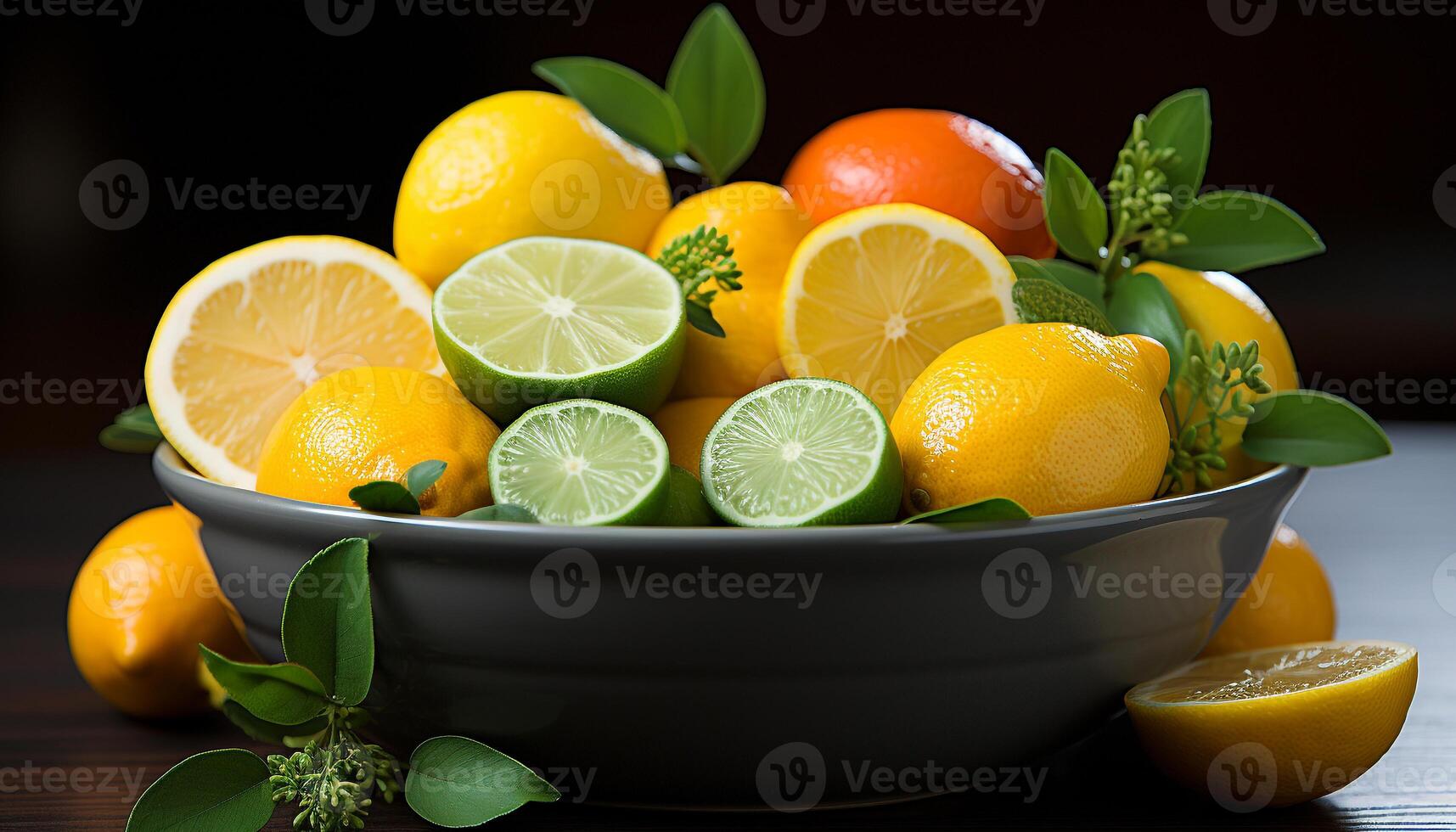 ai genererad färsk citrus- frukt på trä- tabell, vibrerande och saftig genererad förbi ai foto