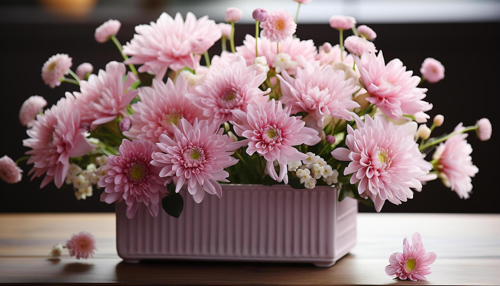 ai genererad en färsk bukett av rosa daisy ger natur inomhus genererad förbi ai foto