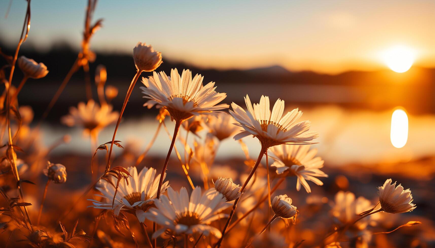 ai genererad solnedgång över äng, vibrerande daisy blommar i natur skönhet genererad förbi ai foto