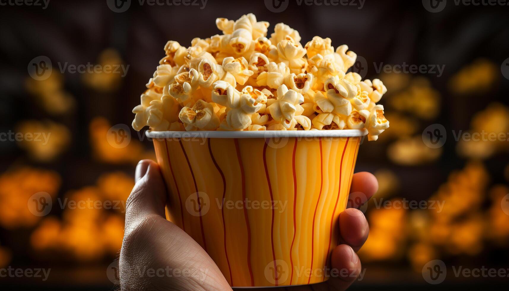 ai genererad hand innehav en skål av färsk popcorn på de bio genererad förbi ai foto