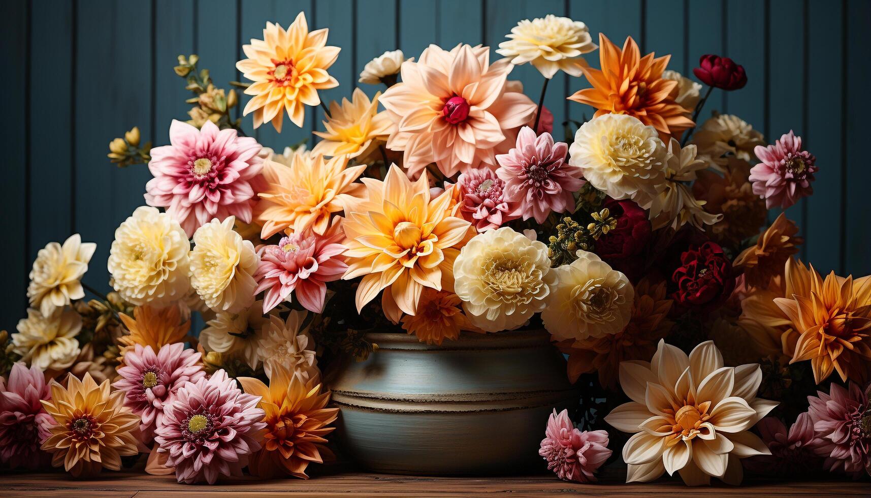 ai genererad en skön bukett av färgrik blommor dekorerar de trä- tabell genererad förbi ai foto