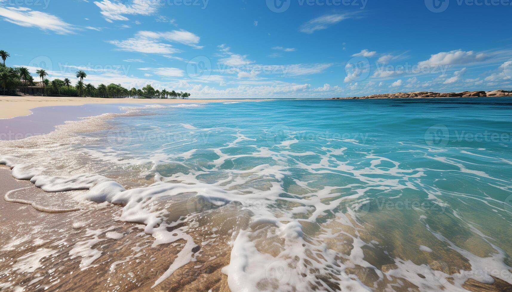 ai genererad idyllisk tropisk kustlinje, blå vattnen, sandig strand, lugn solnedgång genererad förbi ai foto