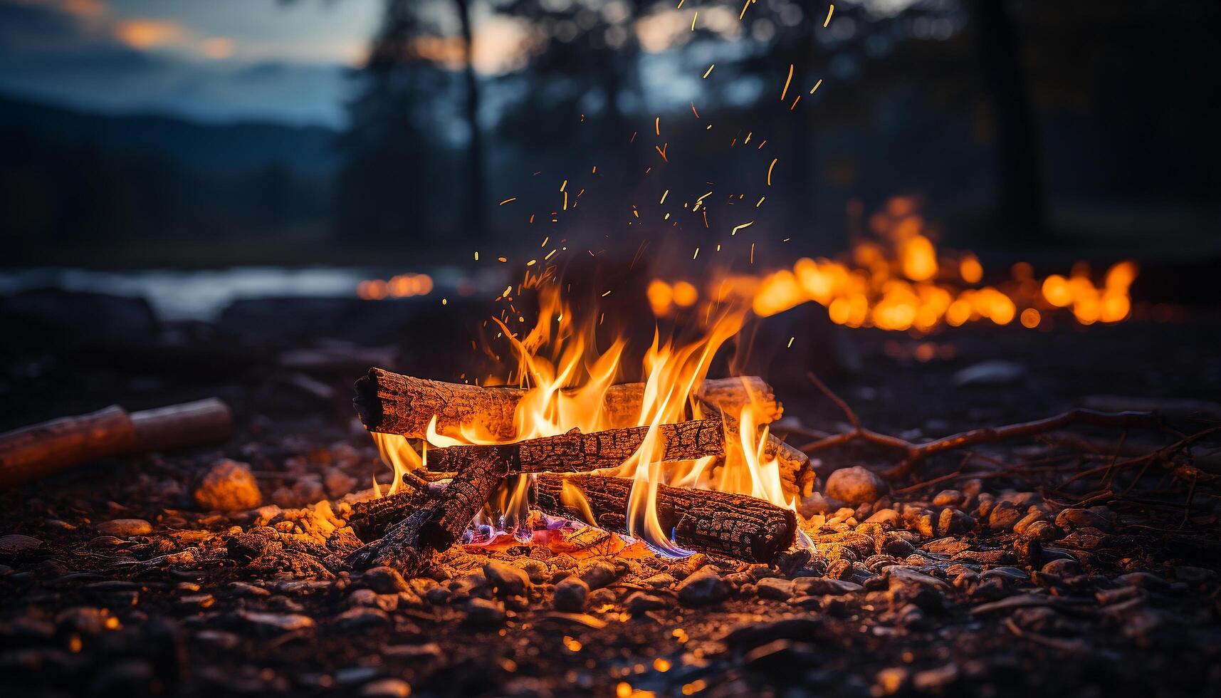 ai genererad brinnande trä tänds lägereld, lysande glödande kol värms upp natur skönhet genererad förbi ai foto