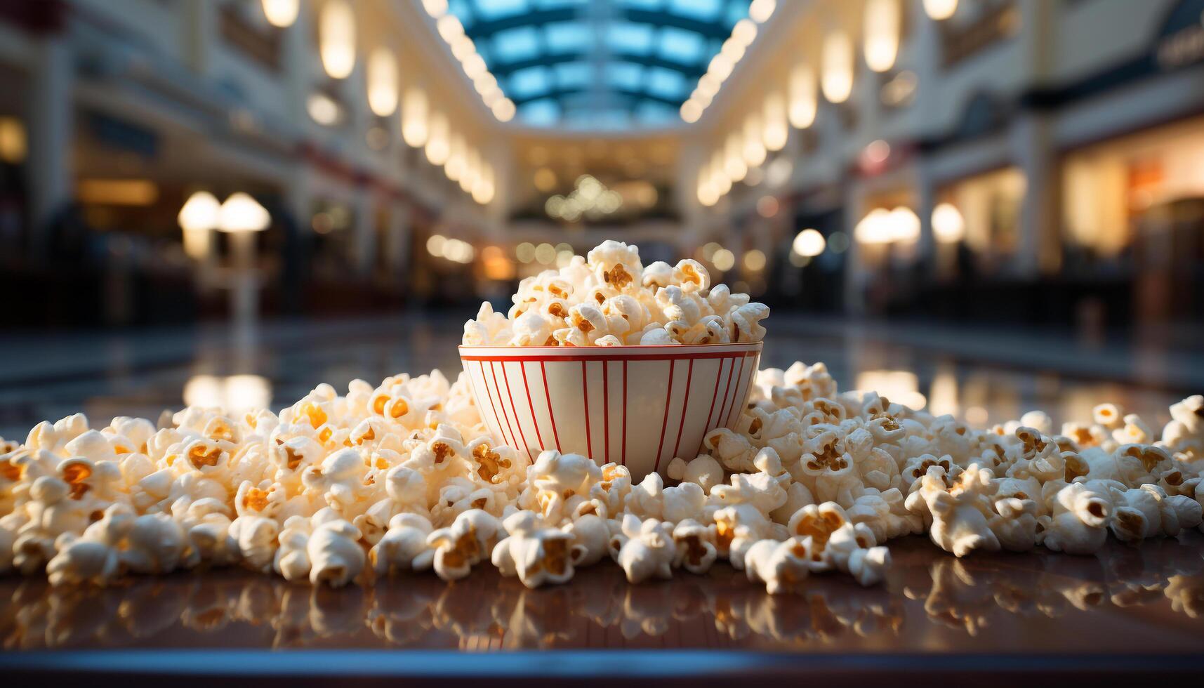 ai genererad tittar på en film, småätande på gourmet mat i en modern teater genererad förbi ai foto