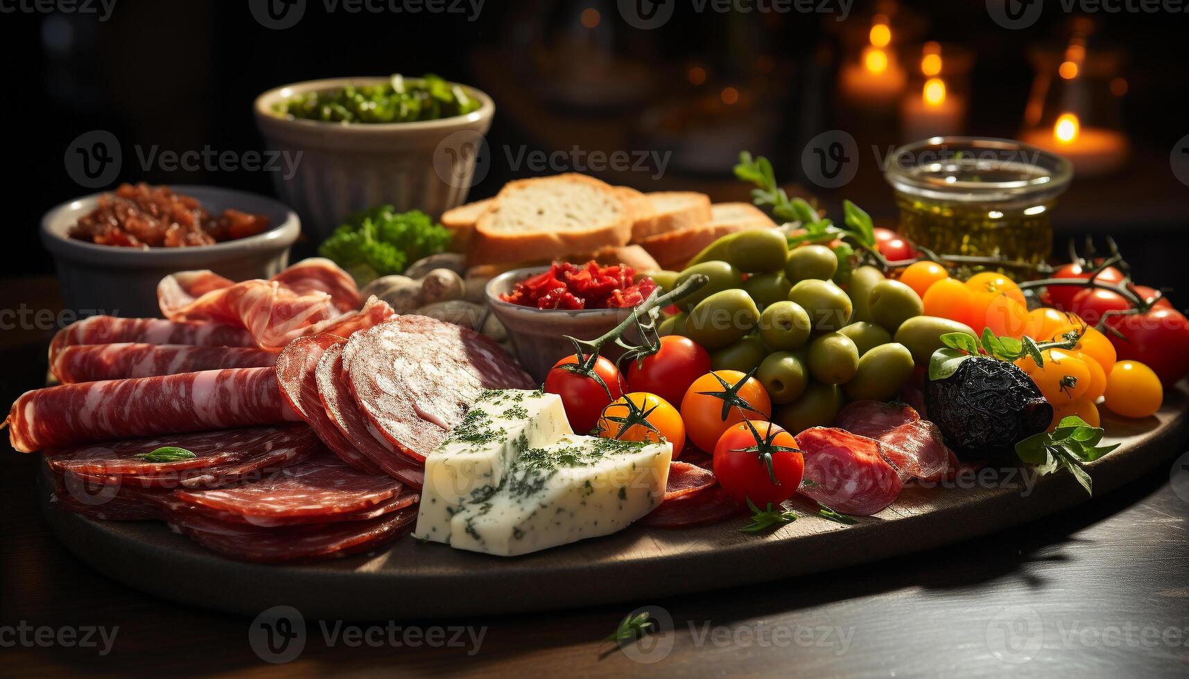 ai genererad friskhet på trä tabell gourmet kött, tomat, och bröd genererad förbi ai foto