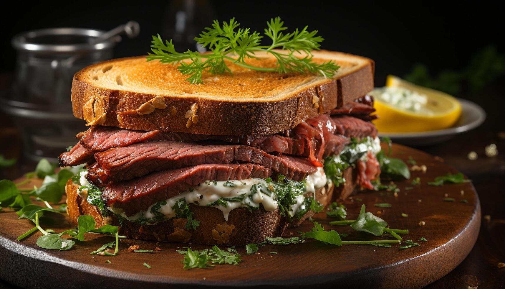 ai genererad friskhet på en tallrik grillad kött, rostat bröd, friska grönsaker genererad förbi ai foto