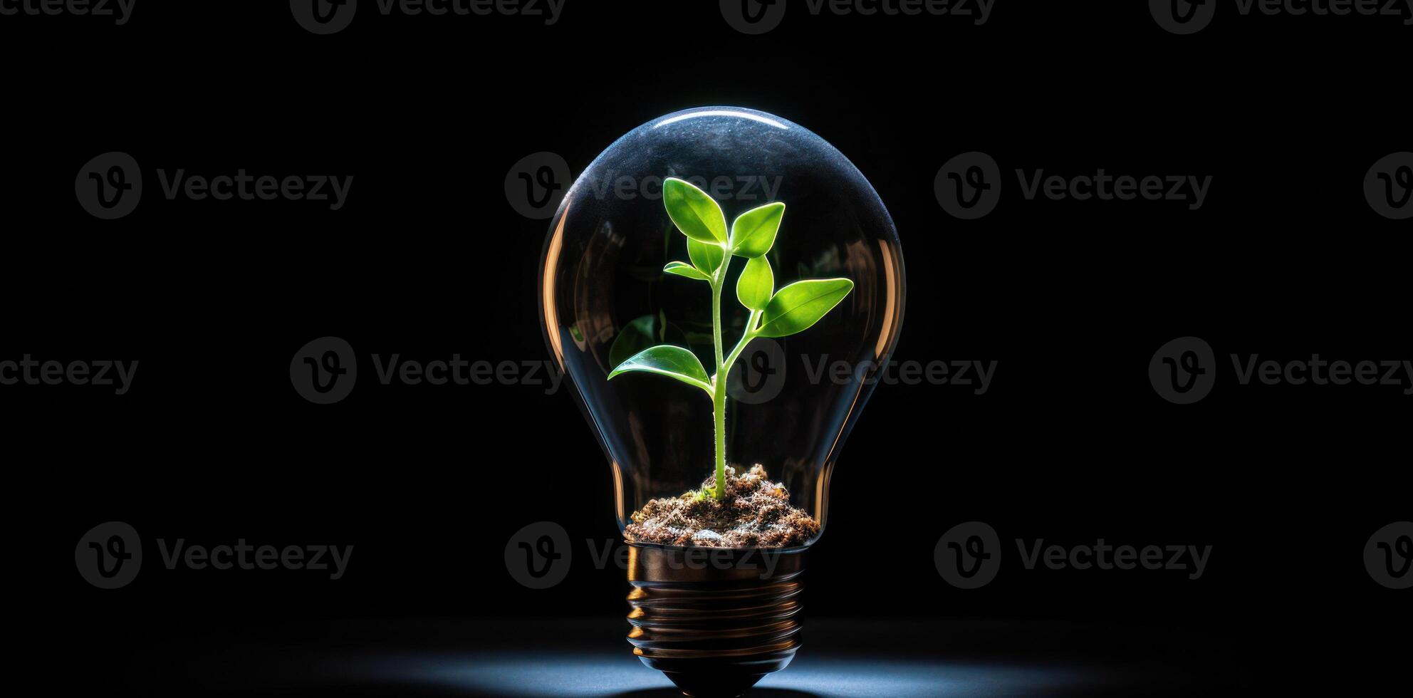 ai genererad växt växande inuti ljus Glödlampa på mörk bakgrund. förnybar grön energi. generativ ai foto