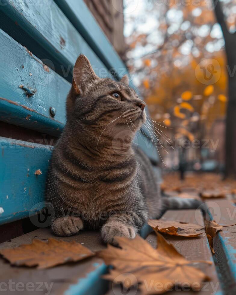 ai genererad katt sitter på bänk i de höst parkera foto