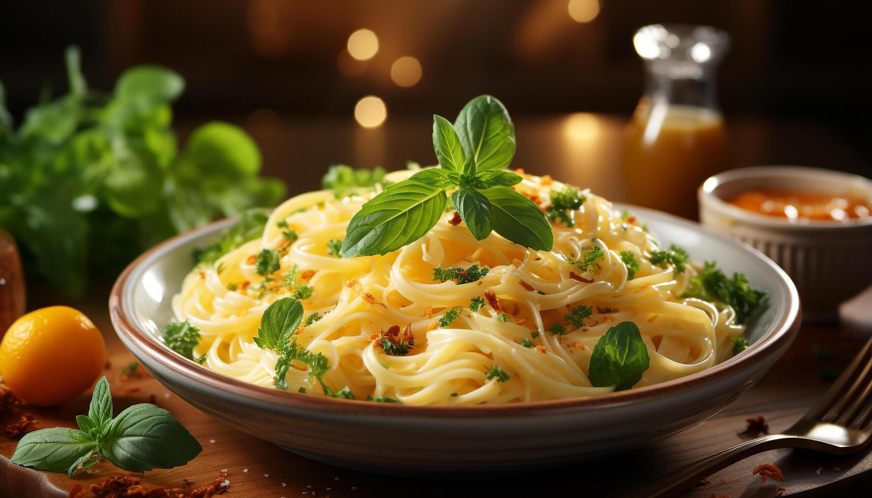 ai genererad friskhet på tallrik friska pasta, hemlagad tomat sås, rustik parmesan genererad förbi ai foto